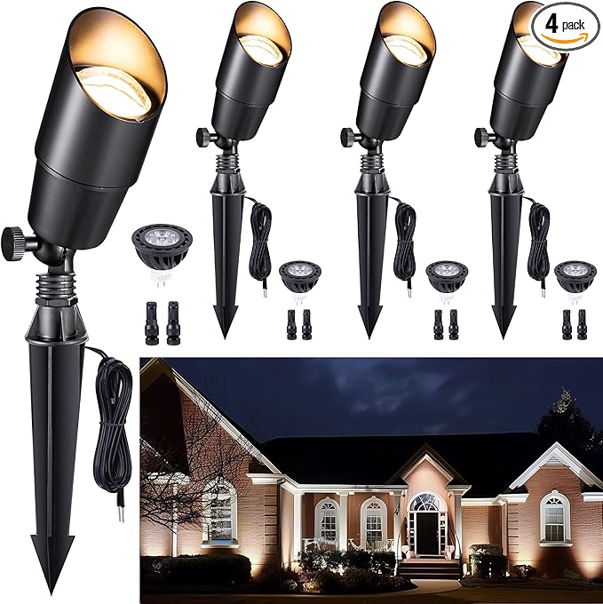 Gardenreet Brass Landscape Lighting - Black Outdoor Low Voltage Spotlights LED, 12V Wired Uplights, Waterproof Spot Lights for Outside Trees with 5W 4000K Natural White MR16 Bulb (4 Pack)