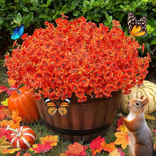 Artificial Fall Flowers Faux Mums for Outdoor Planters,Orange Red 16 Bundles Silk Fake Plants UV Resistant for Outside,Autumn Decorations for Porch,Pot,Window Boxes,Front Yard,Thanksgiving Home Decor
