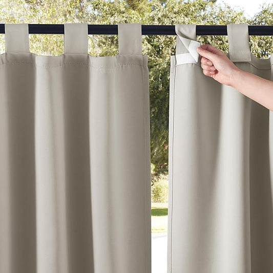 NICETOWN 2 Panels Natural Outdoor Patio Curtainss Waterproof, Detachable Sticky Tab Top Thermal Insulated Privacy Indoor Outdoor Drapes Cold & Heat Block Room Darkening for Pergola, W52 x L95