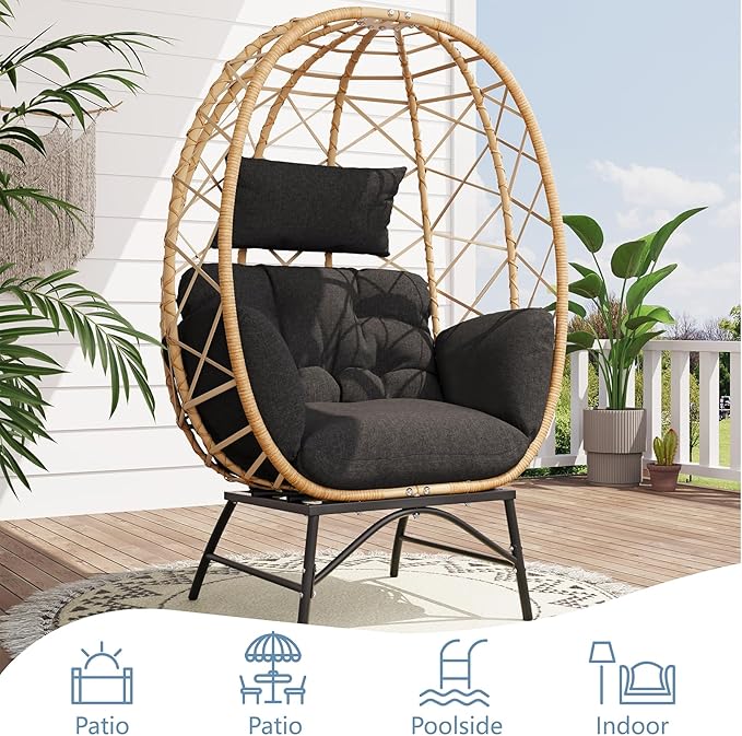SWITTE Wicker Egg Chair Outdoor, Oversized Patio Lounge Chairs with Cushion for Indoor Living Room, Bedroom, Outside Backyard Balcony-Black
