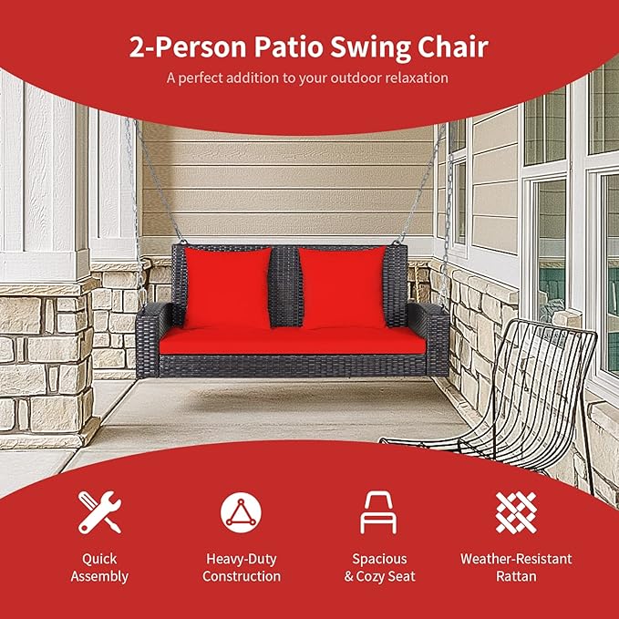 RELAX4LIFE Porch Swing 2-Seat Patio Rattan, Wicker Porch Swings Outdoor W/Two 7.9 Ft Solid Steel Chain, Comfortable Back & Seat Cushions, for Front Porch, Garden, Backyard Patio Swing (Red)