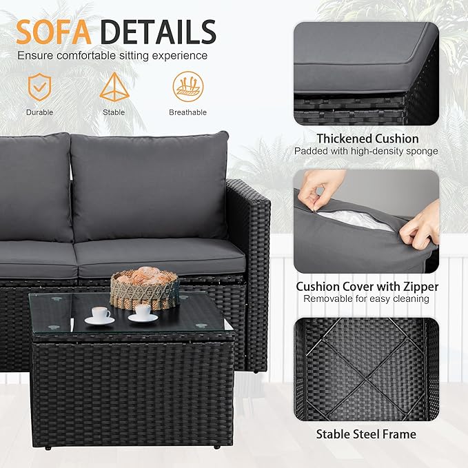 Shintenchi Outdoor Patio Furniture Sets, Small Outdoor Sofa Patio Sectional Sets 3-Piece All Weather Wicker Rattan Patio Seating Sofas with Glass Coffee Table and Cushion (Gray)