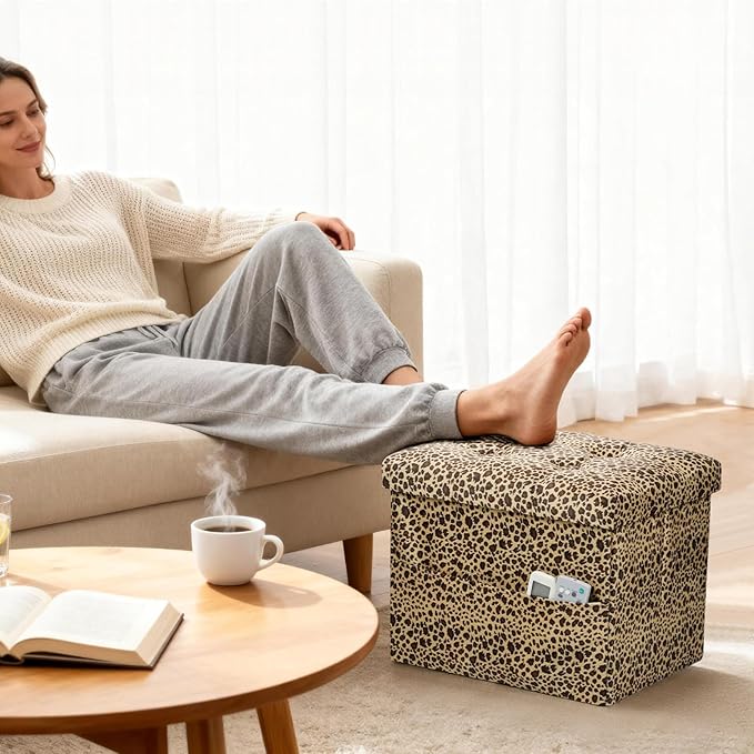 AmasSmile Storage Ottoman Folding Foot Rest Stool with Side Pocket, 17 inch Velvet Footstool Bench, Short Ottoman Bench, Storage Foot Rest Store, Blanket Chest, Leopard Print