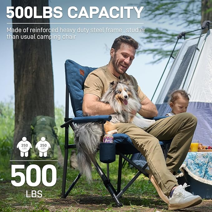 EVER ADVANCED Padded Oversized Folding Camping Chair for Adults, Heavy Duty Lawn Chair with Side Pockets, Portable Collapsible Quad Chair for Outside, Support Up to 500lbs, Blue