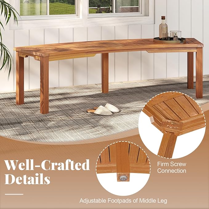 Tangkula Outdoor Curved Bench, Acacia Wood Fire Pit Bench w/Slatted Seat, Patio Backless 2-Person Seating for Porch, Yard, Garden, 800 LBS Max Load, Oil Painted (1, 58")