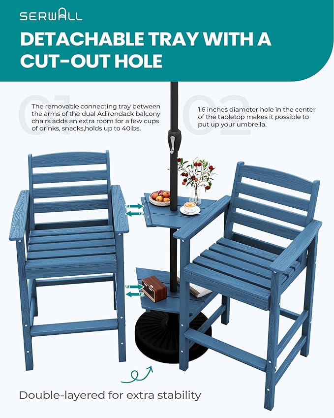 SERWALL Tall Adirondack Chairs Set of 2 with Connecting Table, Blue