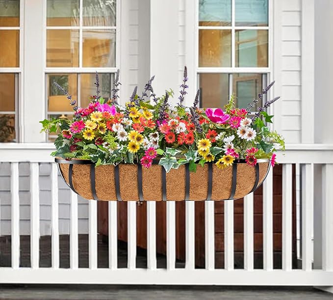 30 Inch Window Deck with Coco Liner, 30" Window Boxes Horse Trough with Coconut Coir Liner, Fence Metal Hanging Flower Planter Window Basket Deck Railing Planter Boxes for Outdoor Garden Lawn, 2pcs