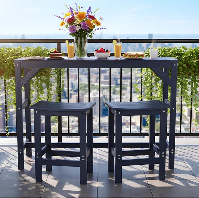 3Pcs HIPS Outdoor Patio Bar Set, All Weather HIPS Bar Table and Chairs Set for Outside, 55" Rectangular High Top Bar Table with 2 Bar Stools for Poolside, Patio, Balcony, Deck, Blue