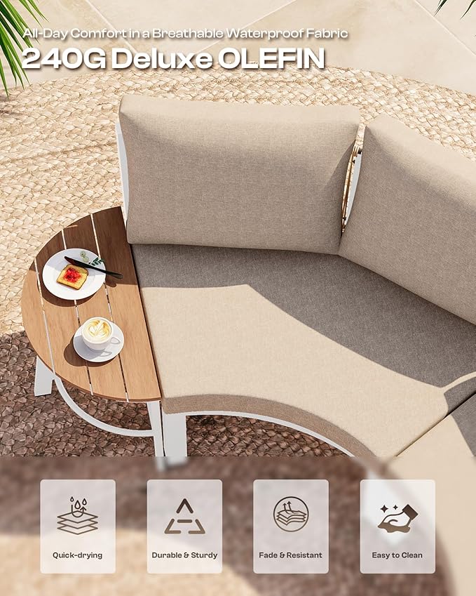 Outdoor Patio Sectional Modular Sofa, Aluminum 1 Piece Curved Patio Couch with Washable Cushions, All Weather PE Rope Sofa for Backyard,Porch, Deck, Poolsid, White