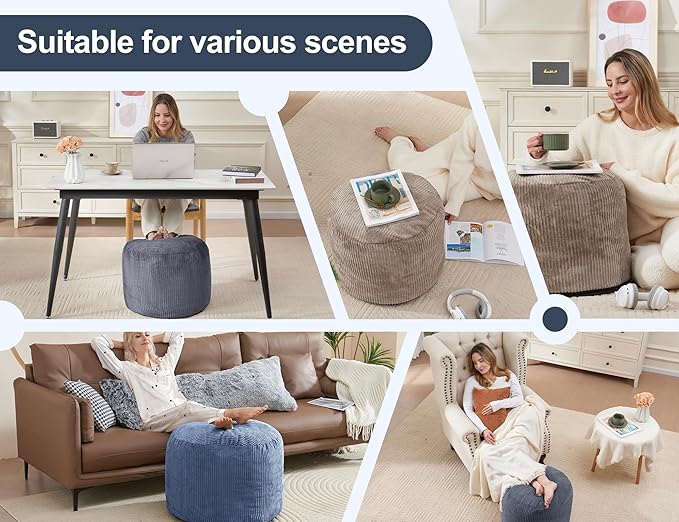 Round Stuffed Pouf Ottoman Chair with Foot Rest Navy Blue Poof Poofy Ottoman Stool Cover with Foam Chunk Filling 20x15 Poofs Ottomans Furniture