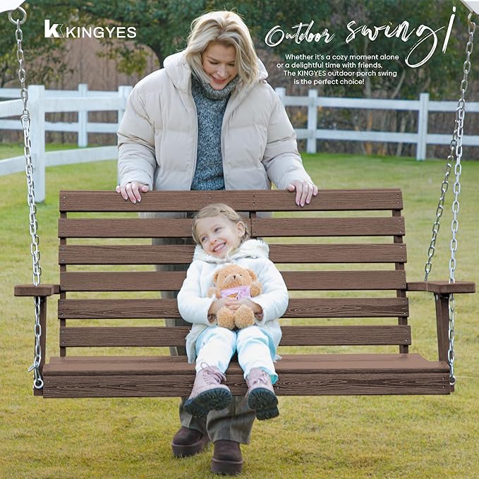 KINGYES Outdoor Hanging Porch Swing, Waterproof Swing with Cup Holders for Courtyard & Garden, 660LBS Weight Capacity, Brown