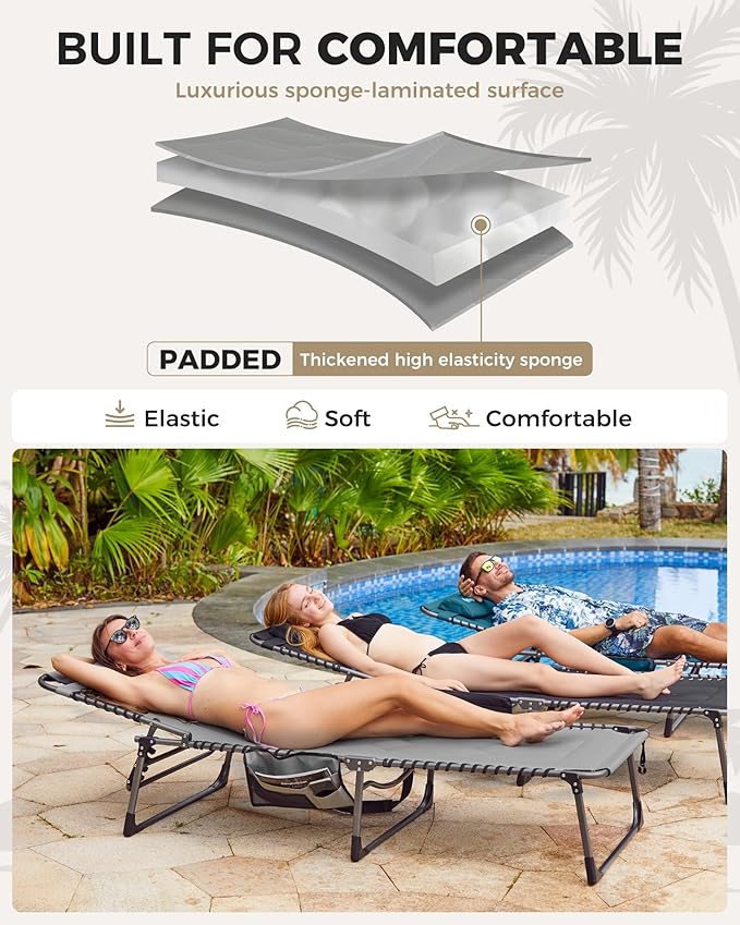 KingCamp Oversized Tanning Chair, Extra-Wide Padded Folding Chase Lounge Chairs Portable Adjustable 5-Position 400lbs Heavy Duty Lounger with Double-Layer Oxford for Outdoor Beach Patio Sun Pool