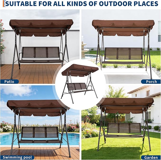 Porch Swing with Adjustable Canopy for Adults 3-Seat Outdoor Waterproof Textilene & Steel Frame Patio Swing Bench for Backyard Lawn Garden Brown
