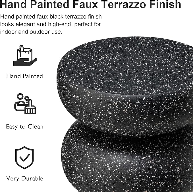 Glitzhome Outdoor Side Table, 18" H Decorative Garden Stool MGO Faux Terrazzo End Table, Heavy Duty Indoor Outdoor Round Planter Stand for Living Room Bedroom Patio Deck Poolside,Black