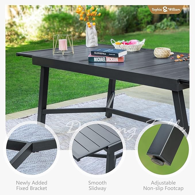 Sophia & William Black Expandable Patio Table Metal Outdoor Dining Table with E-Coating for 6-8 Person Lawn Garden Deck Rectangular Extendable Table