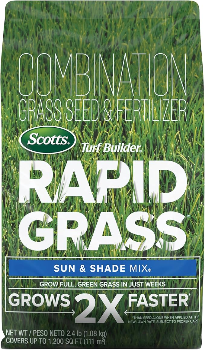 Scotts Turf Builder Rapid Grass Sun and Shade Mix, Combination Seed and Fertilizer, Grows Green Grass in Just Weeks, 2.4 lb.