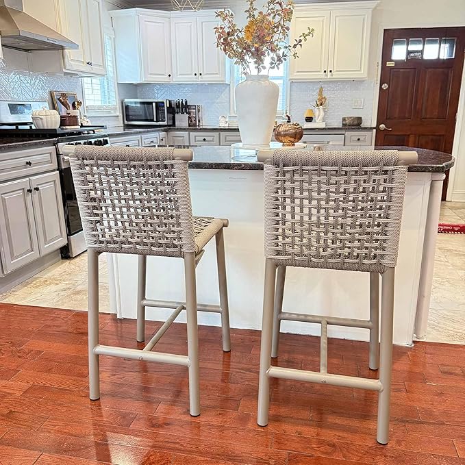 PURPLE LEAF Bar Stools Set of 2 with Back Aluminum Patio Counter Height Stools for Pool Lawn Kitchen All Weather Wicker Outdoor Bar Chairs Champagne