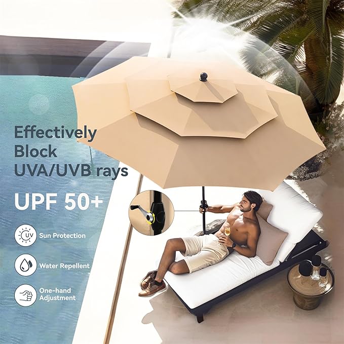 PHI VILLA Patio Dining Set with Umbrella for 4, Outdoor Table & Chairs Set with 4 Padded Swivel Patio Dining Chairs, 1 Square Metal Dining Table and 10ft Beige Large Patio Umbrella (No Umbrella Base)