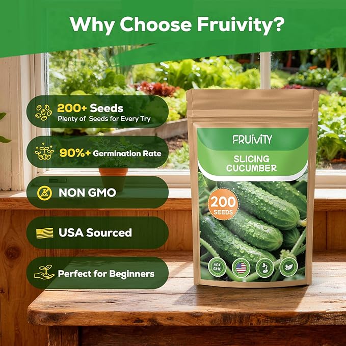 Heirloom 200+ Organic Fruivity Slicing Cucumber Seeds - Heirloom, Non-GMO Seeds for Planting, High Yield, Disease Resistant, for Trellis, Raised Bed & Container Garden