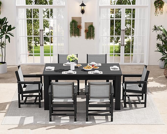 SERWALL 7 Piece Outdoor Dining Table Sets for 6 with 1 Umbrella Hole Cut-Out Rectangular Table and 6 Textilene Chairs, HDPE Dining Table Sets for Garden, Backyard, Poolside, Black