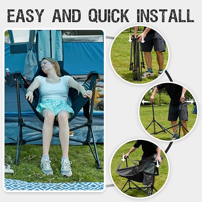 Portal Hammock Camping Chair, Portable Outdoor Swinging Chairs with Adjustable Back and Height for Lawn, Backyard, Patio, Supports 400 lbs, Breathable Mesh High Back, Black