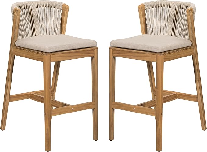 Christopher Knight Home Cuz Patio Barstool Set of 2, Outdoor Counter Height Stool with Sturdy Acacia Wood Frame and Rope Backrest, Bar Stool with Seat Cushion for Backyard Garden, Beige + Teak