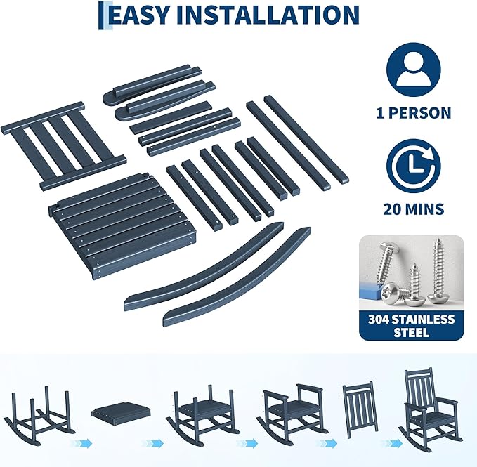 HDPE Rocking Chair Outdoor Set of 2 with Side Table - Poly High Back Porch Rocker Chairs for Adults - All Weather Resistant Furniture for Patio Front Porch - Navy Blue