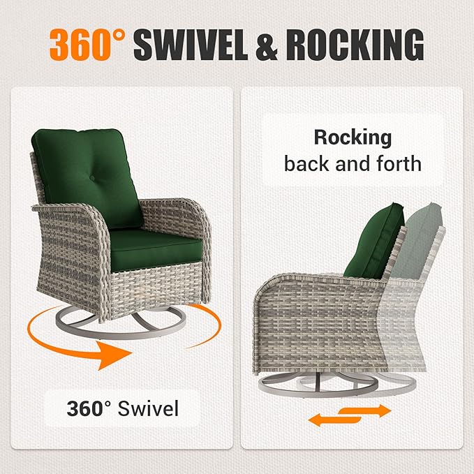 11-Piece Outdoor Patio Furniture Set with Rocking Swivel Chair Wicker Sectional Sofa Set, Patio Conversation Set with Ottomans & Coffee Table for Garden, Backyard, Poolside, Green