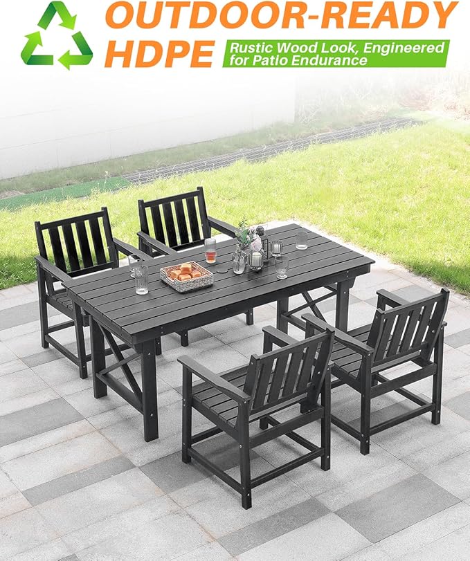 5-Piece HDPE Patio Dining Set, Outdoor Table and Chairs with Umbrella Hole, Modern Outdoor Dining Set for 4, HDPE Outdoor Patio Furniture Dining Sets for Deck, Poolside, Porch, Obsidian