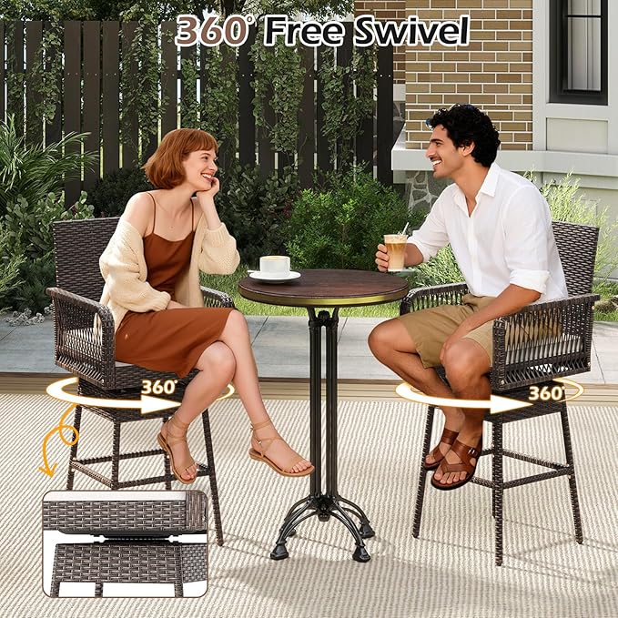 ORALNER Outdoor Wicker Swivel Bar Stools Set of 2, 29" Bar Height Patio Rattan Dining Chair with Armrests, Footrest & Seat Cushion, Metal Frame, for Backyard, Porch, Poolside, Deck (2, White)