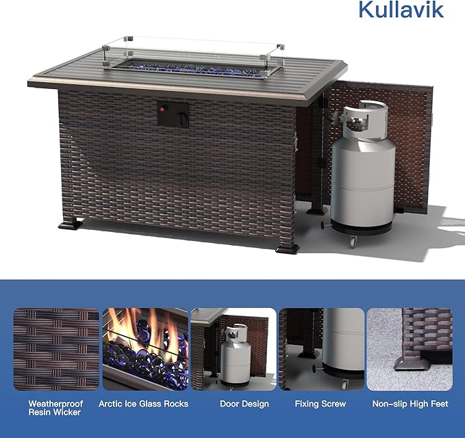 Kullavik 15 Pieces Outdoor Patio Furniture Set with 43" 55000BTU Gas Propane Fire Pit Table PE Wicker Rattan Sectional Sofa Patio Conversation Sets,Sand