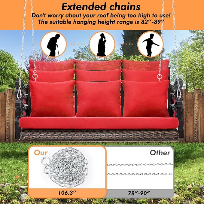 Heavy Duty 900 LBS Porch Swing Chair 3-Person Outdoor Rattan Patio Swing Lounge w/Cup-Holder & Steel Chains Wicker Hanging Bench Porch Swing Cushions for Deck & Backyard & Garden