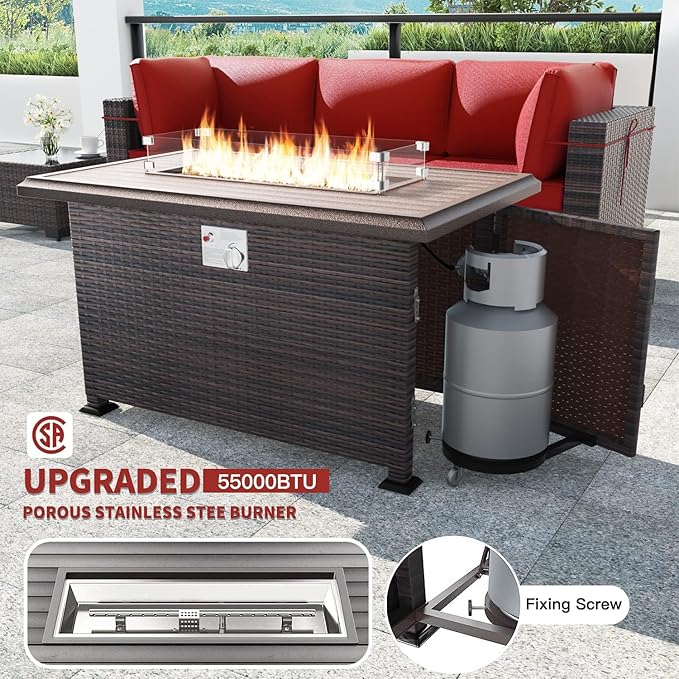 Kullavik 8 Pieces Outdoor Patio Furniture Set,Sectional Sofa Set with 43" 55000 BTU Gas Propane Fire Pit Table,Brown PE Rattan Wicker Patio Conversation Set,Red