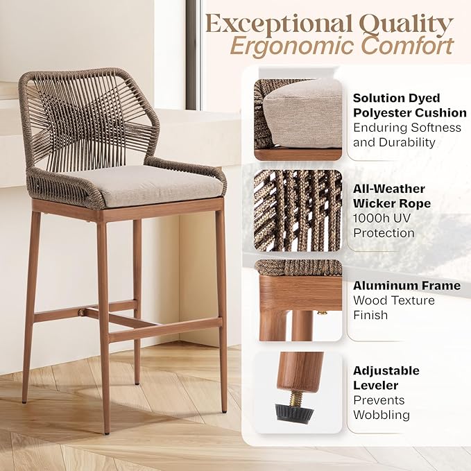 IDZO Boho Rope Bar Stools Set of 2, 31" Bar Height, 400lbs Capacity, Cushions & Ergonomic Backrest, Sturdy Aluminum Frame, for Indoor/Outdoor Use, Easy to Assemble