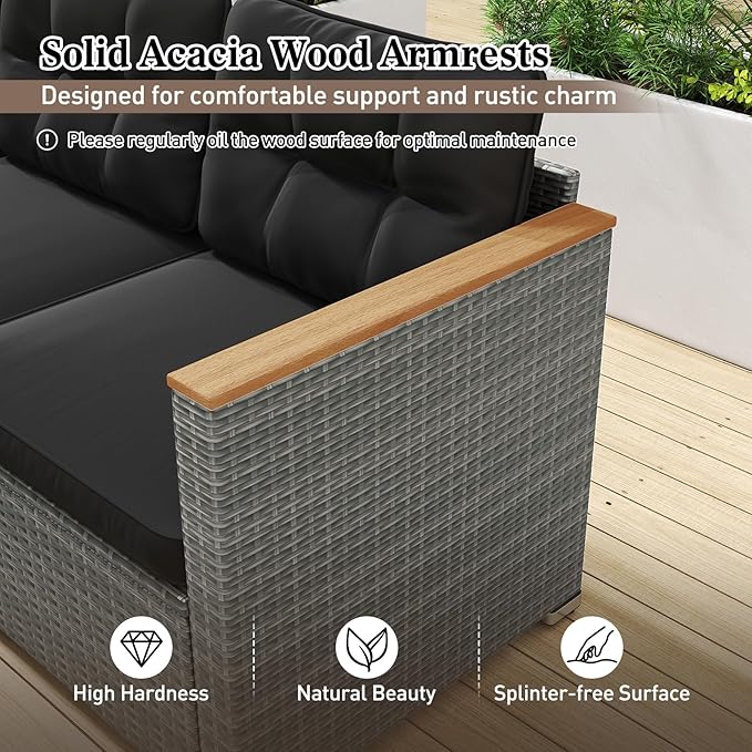 Tangkula 3-Seat Patio Wicker Couch Sofa, Outdoor 3 Seater Rattan Furniture Set with Acacia Wood Armrests & Thick Cushion, Outside Sectional Sofa Couch for Porch, Deck, Garden and Backyard, Black
