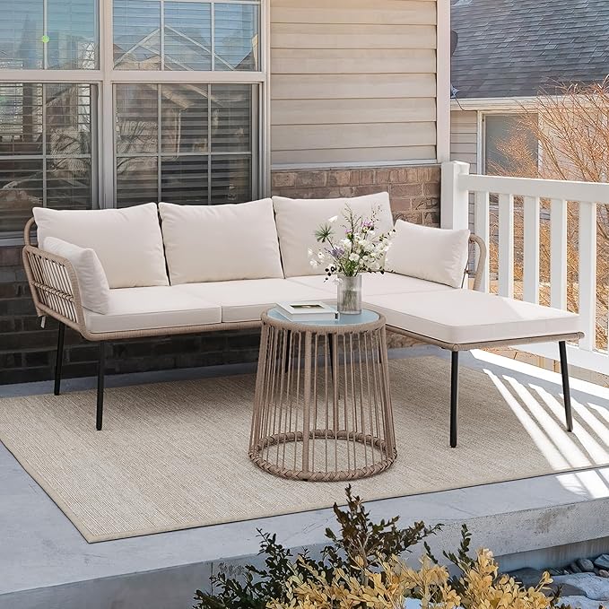 YITAHOME 3 Piece Patio Furniture Set Wicker Patio Sectional with Removable Cushions and Coffee Table All-Weather L-Shaped Sectional Conversation Sofa Set Outdoor Furniture Set for Backyard Porch