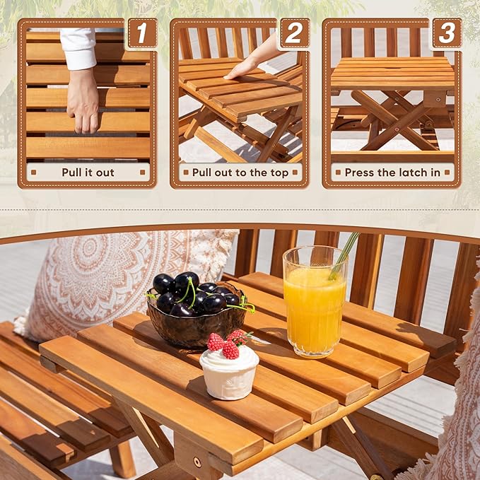 Devoko Outdoor Bench, 2-Person Garden Bench, Patio Wood Bench Outdoor Loveseat with Pull-Out Center Table for Backyard, Balcony and Patio and Garden (Log Color)