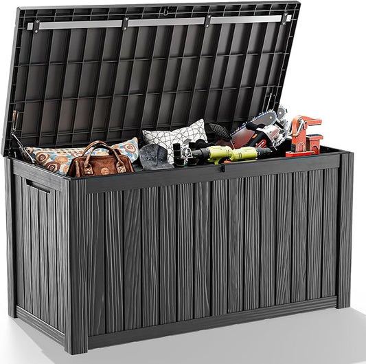 ROJIK 180 Gallon Outdoor Storage Box Waterproof-Patio Furniture Resin Deck Box, Garden Tools, Cushions, Pool Accessories Storage Bench with Lockable Lid and Side Handles (Black, 180 Gal)