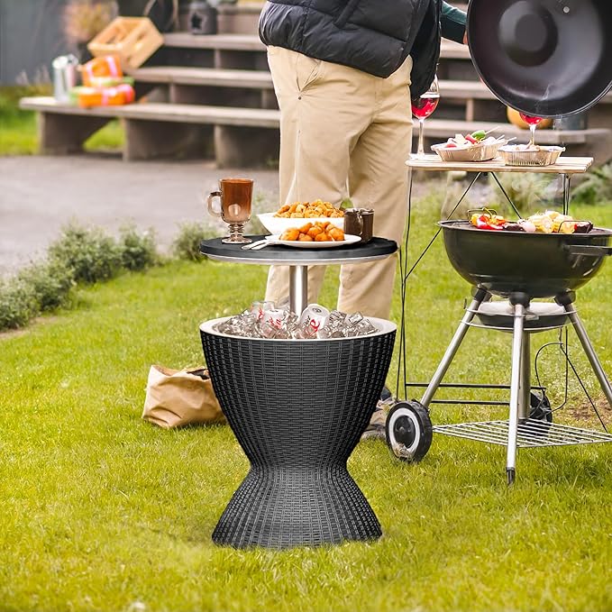 EasyUp Outdoor Cooler Bar Table – 8 Gallon Outdoor Patio Cooler Table with Drain Plug, Adjustable Height Rattan-Style Resin Cool Bar for Poolside, Deck, BBQ & Parties (Black)