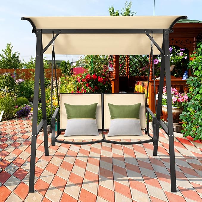Tangkula 2-Person Patio Swing, Weather Resistant Porch Swing with Adjustable Canopy, Steel Frame, Outdoor Modern Canopy Swing with Handrails, Suitable for Porch Garden Poolside (Coffee)