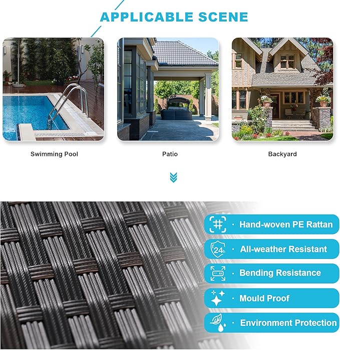 Kullavik Outdoor Patio Furniture Set 6 Pieces Sectional Rattan Sofa Set Brown PE Rattan Wicker Patio Conversation Set with 5 Seat Cushions and 1 Tempered Glass Table, Turquoise Blue