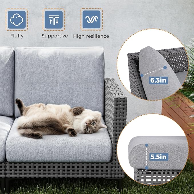 Outdoor Patio Sofa Conversation Set–Rattan 4 Seats Comfortable Couch for Garden, Yard, Weatherproof–Includes Glass Table, Armless Chairs, and Two-Seater Sofa
