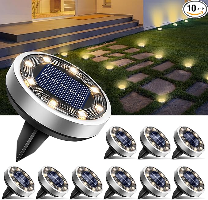 btfarm 10 Pack Solar Ground Lights Outdoor, 8 LED Solar Disc Lights IP65 Waterproof Flat Solar Light, Pathway Lights Solar Powered for Garden Lawn Patio Yard Path Landscape, Warm White