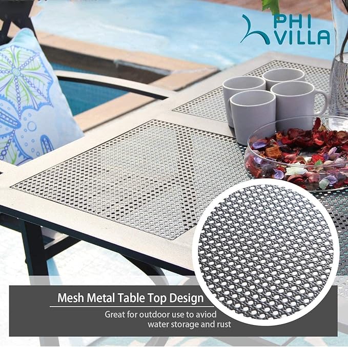 PHI VILLA 5 Pieces Outdoor Patio Dining Set for 4, 37" Black Square Mesh-top Metal Table with Umbrella Hole & Stackable Wrought Iron Chairs, Outside Furniture Set for Deck, Porch, Backyard