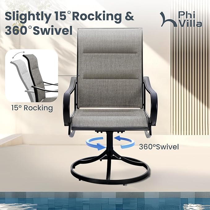 PHI VILLA Swivel Chair Patio Dining Set with 13ft Outdoor Navy Blue Umbrella, 6 Padded Textilene Armrest Dining Chair and 1 Large Metal Table, Outdoor Table Chair Dining for Patio Lawn Garden