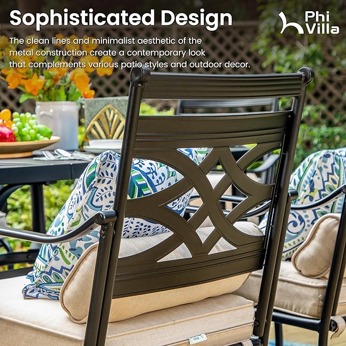 PHI VILLA 5 Pieces Outdoor Dining Set for 4, 42" Round Black Metal Table & Wrought Iron Swivel Chairs, Rustproof Large Outside Furniture with Cushions & Pillows for Patio, Deck, Porch