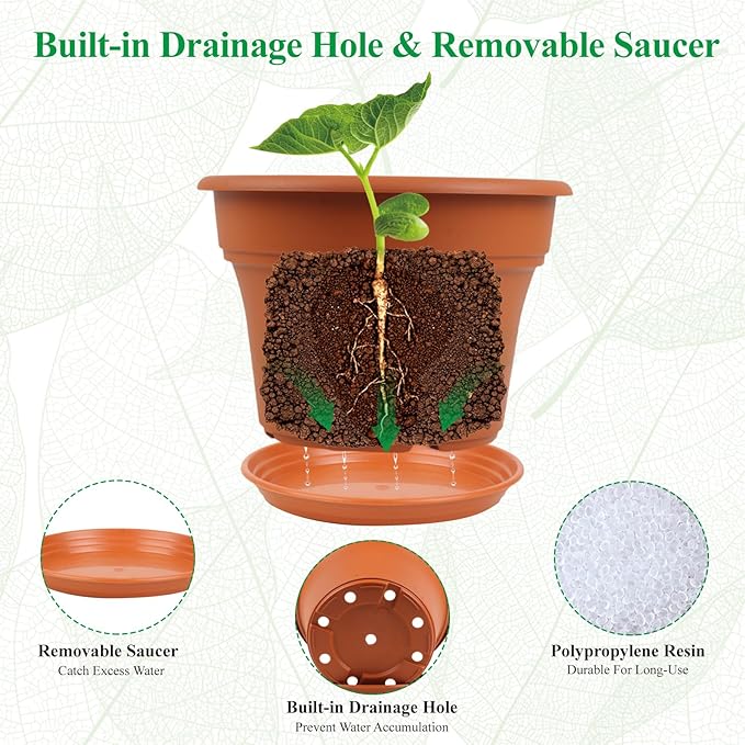 11 Inch Plastic-Flower-Pot-for-Indoor-Plants, 4 Pack Large Outdoor Planter Pot with Drainage Holes & Saucers, Resin Decorative Garden Pots Planters