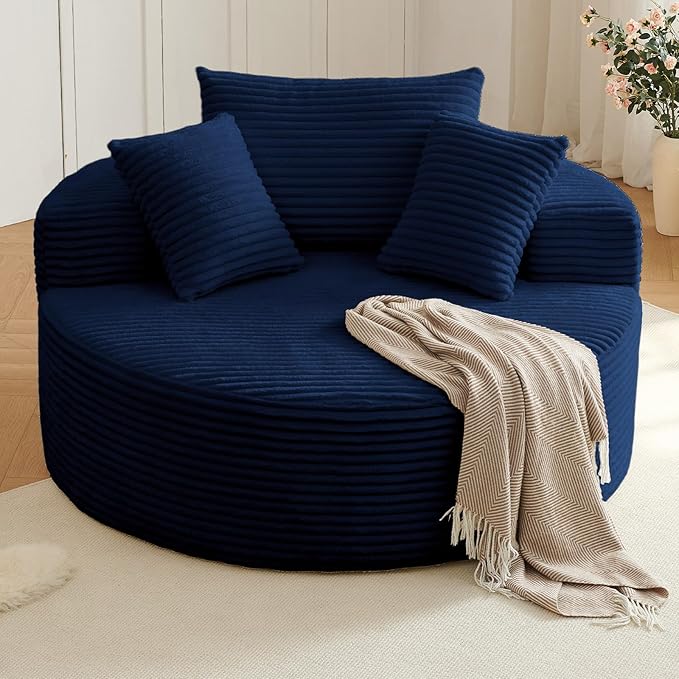 Oversized Round Chair Lounge Chaise Indoor, Upholstered Corduroy Deep Seat Cloud Large Circle Sofa Chair, No Assembly Required, Fluffy Modern Sleeper Sofa Bed for Reading, Living Room, Dark Blue