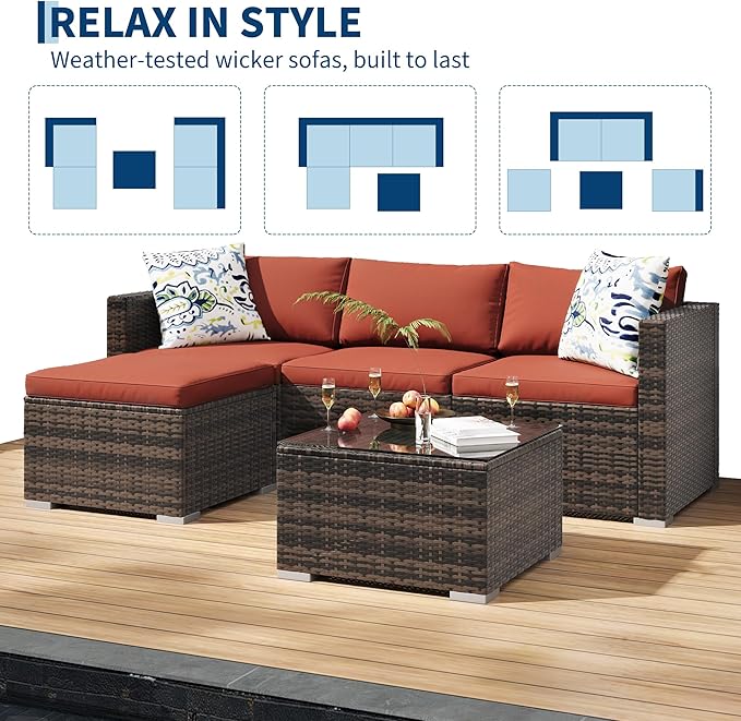 GAOMON 5-Piece All-Weather Patio Furniture Set, Convertible Outdoor Sectional Sofa with Ottoman & Tempered Glass Table, PE Rattan Conversation Set for Garden, Backyard, Porch, Poolside