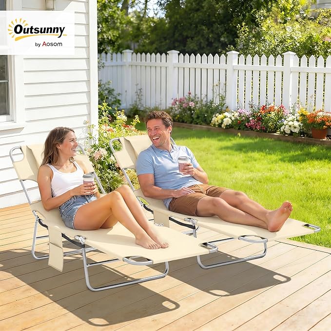 Outsunny Chaise Lounge Chair Outdoor Set of 2 with Face Arm Hole, 5-Position Reclining Face Down Tanning Chair with Carry Strap, Side Pocket, Portable Folding Bed Cot for Patio Beach Pool, Beige
